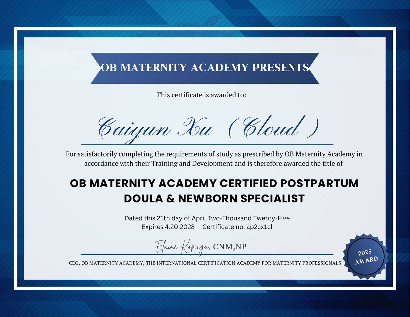 OB Maternity Academy Certified Postpartum Doula & Newborn Specialist certificate for Caiyun Xu