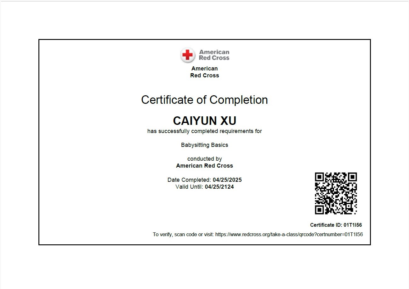 American Red Cross Babysitting Basics certificate of completion for Caiyun Xu