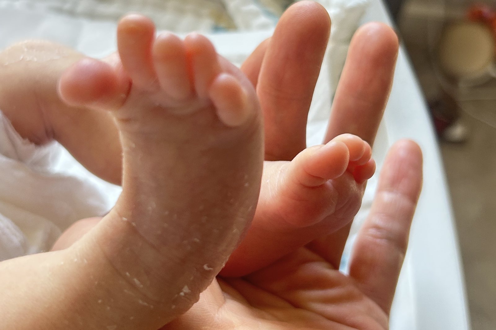 Both of a baby's feet held during a bath